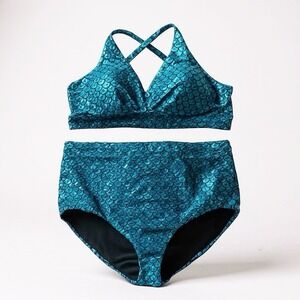 Torrid Size 3 High Waisted Bikini Set Mermaid Scale Blue Print Padded Top